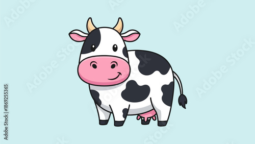 A cute cartoon cow with black and white spots and pink udder standing on a light blue background.