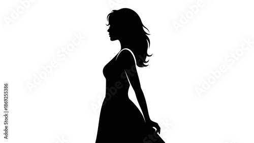 Elegant silhouette of a woman in profile with long hair and a dress against a clean white background.