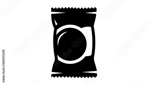 Black silhouette of a wrapped candy or snack package with a circular design in the center.