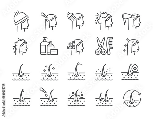 Set of Vector Icons Representing Hair Treatment and Care with Outline Style Isolated on White Background Exactly Two Hundred Characters for Microstock