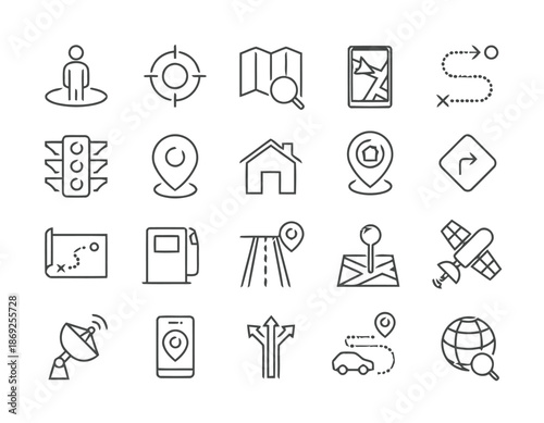Set of Vector Icons Representing Map and Navigation with Outline Style Isolated on White Background Exactly Two Hundred Characters for Microstock