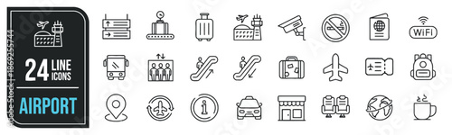 Set of Vector Line Icons Airport, Travel, Transportation, Vacation, Flight, Tourism, Baggage, Service, Information, Destination and Journey in Outline Style