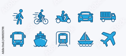 Set of vector transport icons representing various means of transportation and travel on light background isolated