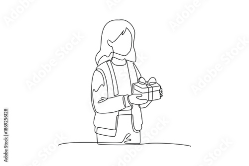 Woman carrying a holiday present. Happy Holiday concept. Single line draw design. Vector graphic illustration