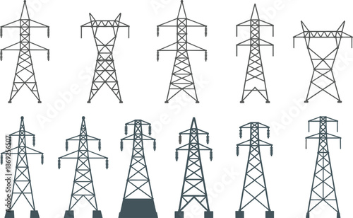 Electricity transmission tower icons set, power line pylons collection, energy infrastructure illustration, electric grid symbols, utility network design