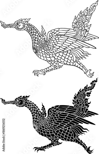 Vector illustration of a traditional mythical creature from Southeast Asian folklore (Thai and Lao culture). This intricate black and white line art depicts the 'Hatsadiling'