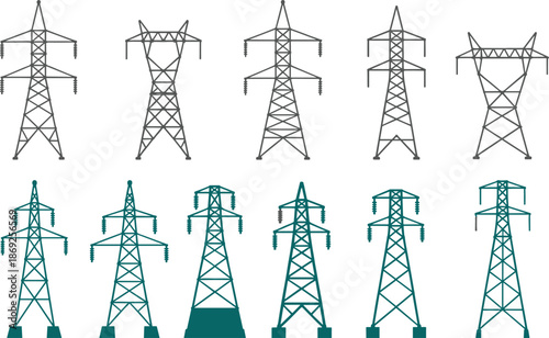 Electricity transmission tower icons set, power line pylons collection, energy infrastructure illustration, electric grid symbols, utility network design