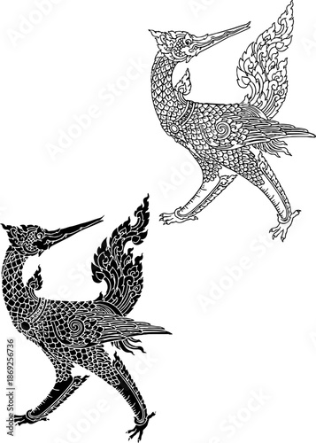 Vector illustration of a traditional mythical creature from Southeast Asian folklore (Thai and Lao culture). This intricate black and white line art depicts the 'Hatsadiling'