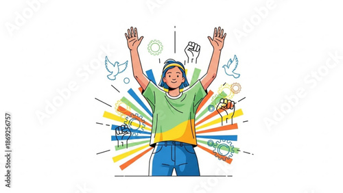 Happy Man Celebrating Success with Raised Arms and Colorful Icons