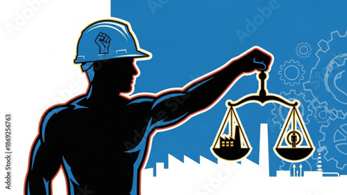 Construction Worker Holding Scales of Justice with Gears Background