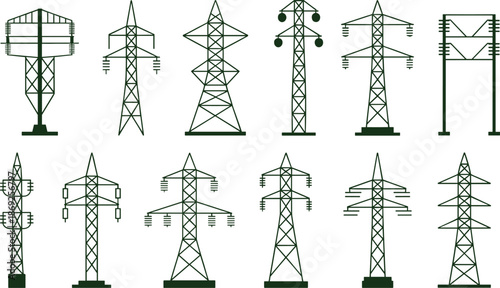 Electricity transmission tower icons set, power line pylons collection, energy infrastructure illustration, electric grid symbols, utility network design