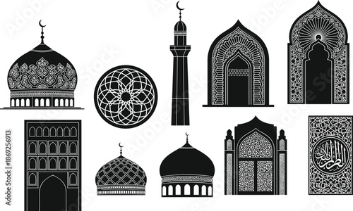 cad drawing flat vector illustration, islamic architecture silhouettes, mosque domes minarets arches, arabic geometric floral patterns, cultural heritage vector design