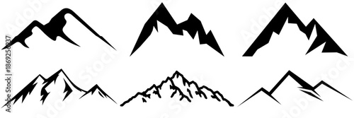 Black silhouettes of mountains against a white background, viewed from a distance, showcasing various peak shapes and sizes