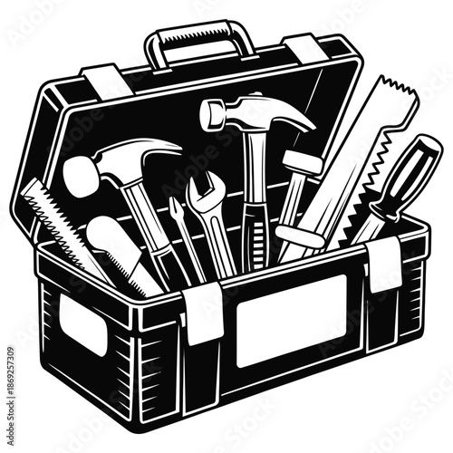 Black and white toolbox illustration showcases various tools for diyers showcasing tool variety and home improvement projects with craftsmanship theme