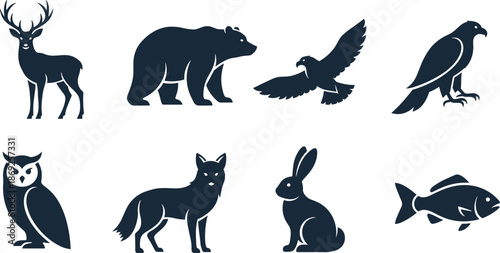 cad drawing flat vector illustration, wildlife animal silhouettes, deer bear eagle owl fox rabbit fish icons, nature vector design, forest creature sketch, outdoor habitat graphic art