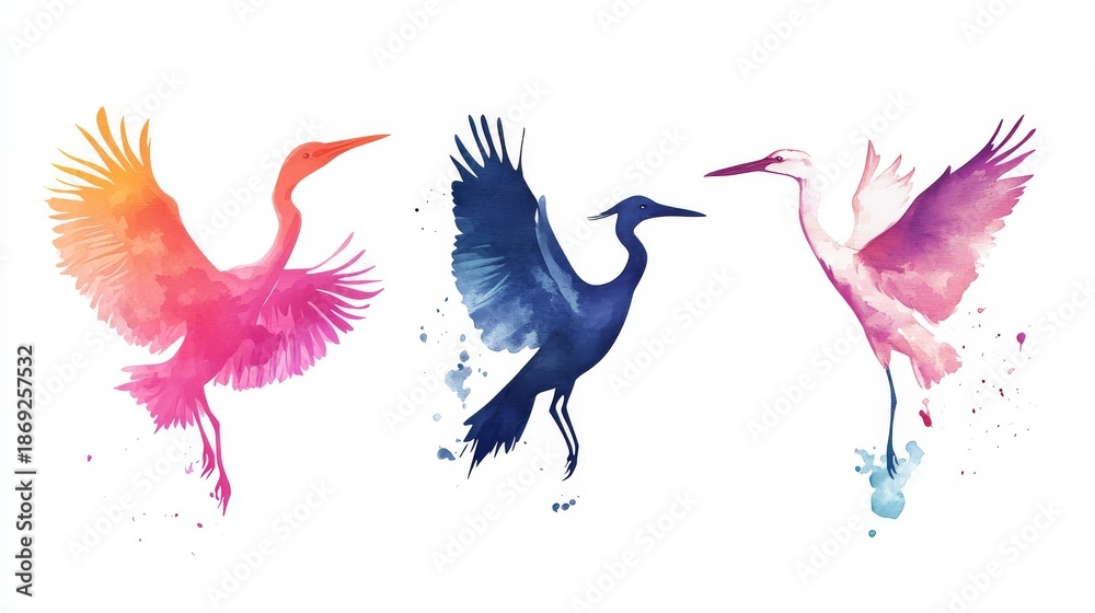 Fototapeta premium Collection of graceful bird silhouettes rendered in loose watercolor technique, capturing the essence of movement with bleeding edges where pink meets violet, orange transitions to blue, each form