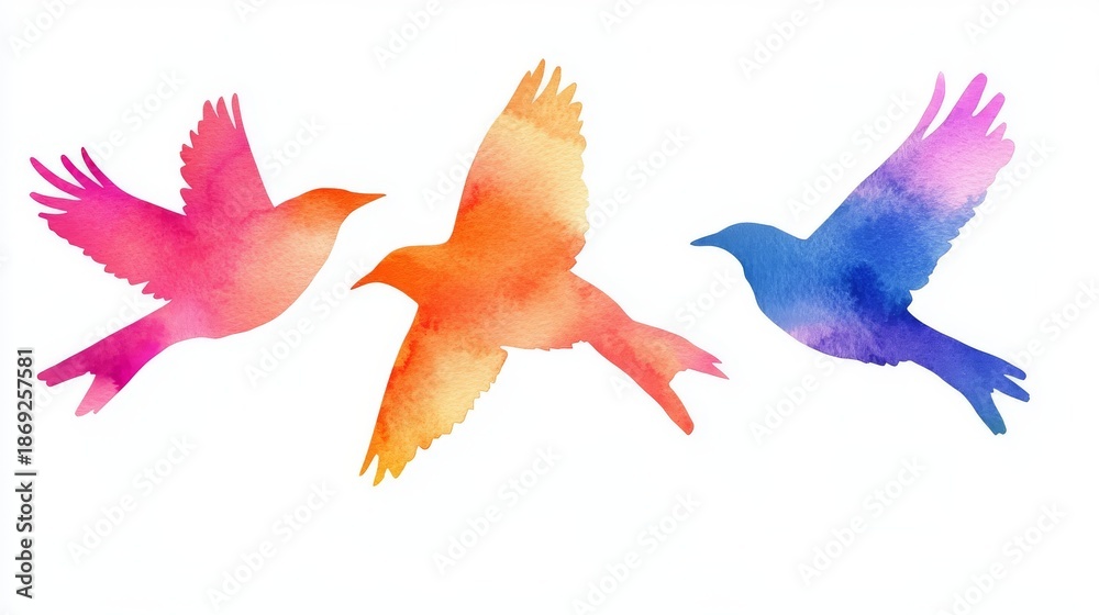 Obraz premium Minimalist bird shapes rendered as vivid watercolor silhouettes, showcasing the natural bleeding of pink into orange, violet merging with cobalt blue, capturing the ephemeral quality of flight with