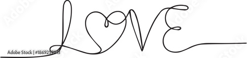 Elegant continuous line art spelling word love with heart shape integrated for romance feeling