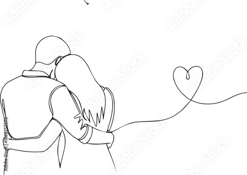Continuous line drawing of couple hugging with heart connecting to their love story in minimalist artistic sketching