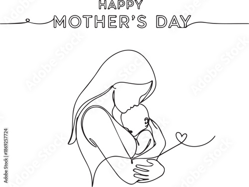 Single line drawing of mother lovingly holding baby with happy mothers day greeting above