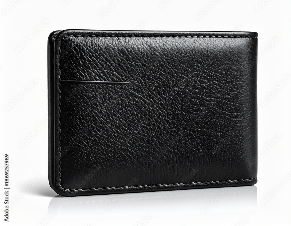 Naklejka premium Black Leather Wallet Back View Isolated on White Background for Commercial Use