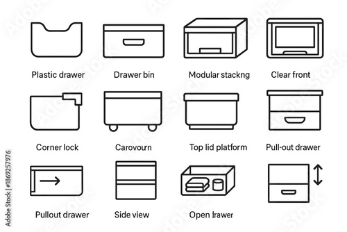 Plastic storage vector icons modular open view stackable drawer panel icon front