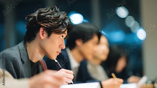 セミナーで真剣に講師の話を聞きメモを取る日本人男性