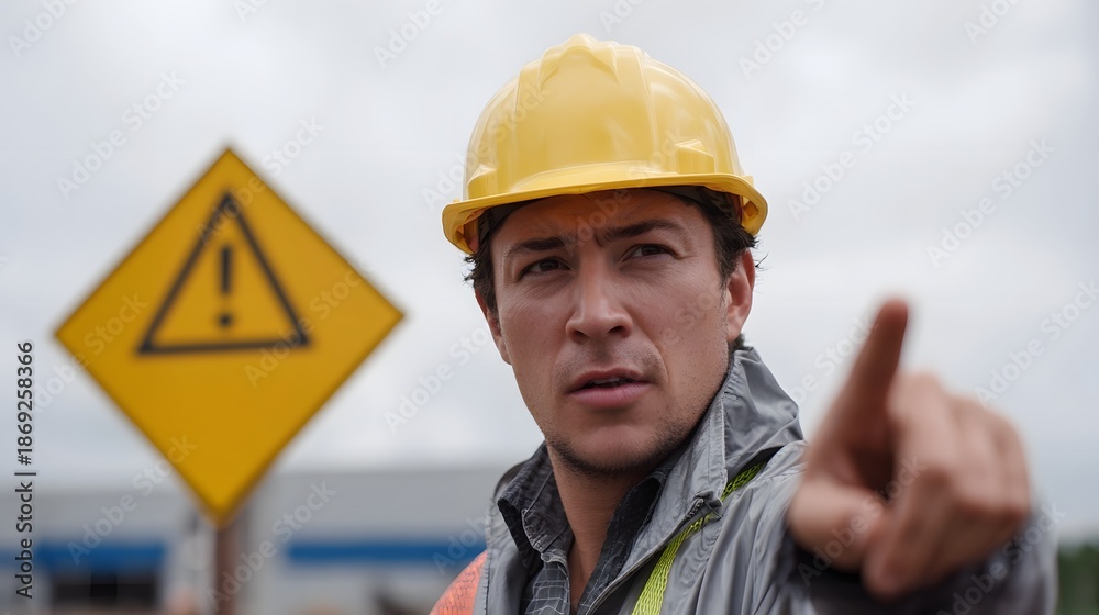 Obraz premium A serious construction worker in a yellow hard hat points forward near a caution sign on an outdoor industrial site