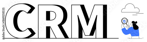 CRM concept. Highlighting customer relationship management with large CRM typeface and user interaction visual. CRM supports business processes, analytics, automation, and customer engagement. Best