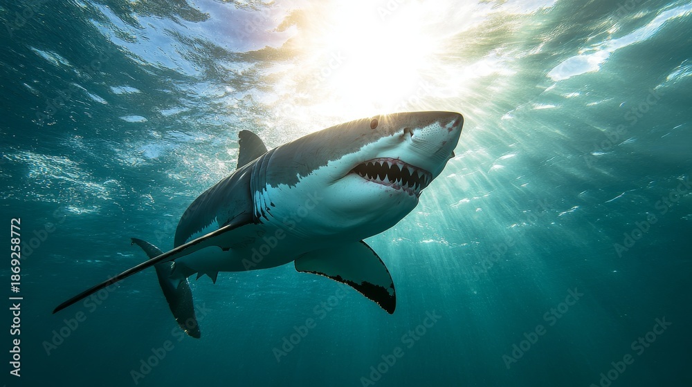 Fototapeta premium Massive great white shark viewed from directly beneath, jaws agape revealing rows of serrated triangular teeth, silhouetted against rippling surface sunlight, crystal clear turquoise water, predatory