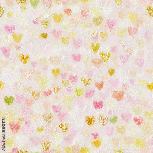 Pastel Hearts Seamless Pattern with Gold Accents: Small pastel-colored hearts scattered across white background with shimmering gold details, perfect for Valentine’s Day or other decorative projects