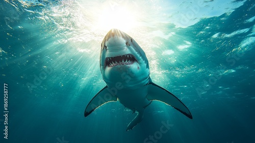Massive great white shark viewed from directly beneath, jaws agape revealing rows of serrated triangular teeth, silhouetted against rippling surface sunlight, crystal clear turquoise water, predatory