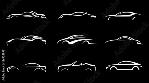 Modern car silhouette logo icon collection representing vehicle profiles, automotive branding, and Sports car & Auto garage logo icon set.