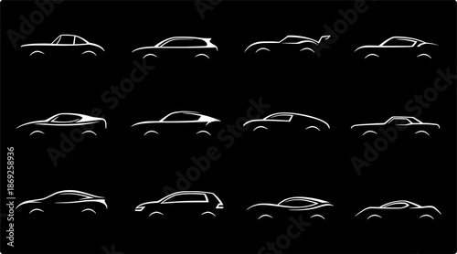 Minimal car outline Logo icon set representing automotive branding, vehicle design concepts, and modern transportation symbols