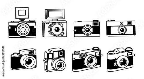 Camera icon collection representing photography equipment, Old retro cameras, visual media creation, and digital imaging concepts