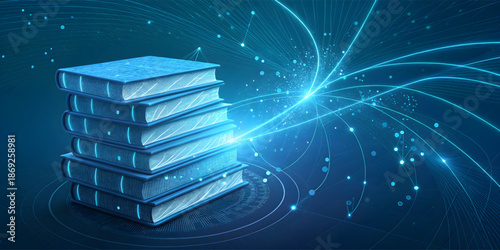 Futuristic digital books stack with glowing data streams representing e learning technology and digital knowledge transfer