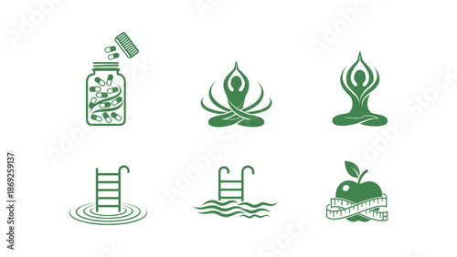 Wellness and health care icons set for fitness and nutrition
