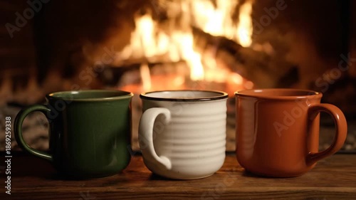 Three ceramic mugs on a wooden table in front of a warm fireplace flame