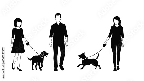 People walking dogs on leashes a simple graphic illustration silhouette