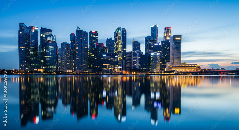 Fototapeta premium Singapore skyline at dusk with reflections in the water, a modern city panorama