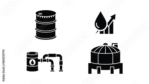 Essential icons representing oil industry processes, from storage to pricing and distribution