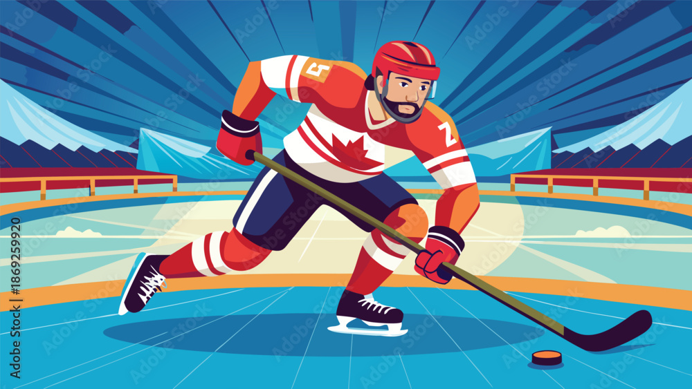 Obraz premium Illustration of a hockey player skating on the ice, wearing a helmet and holding a stick, ready to shoot the puck