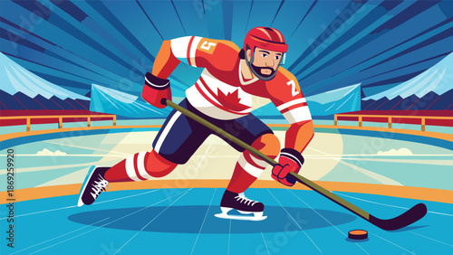 Illustration of a hockey player skating on the ice, wearing a helmet and holding a stick, ready to shoot the puck