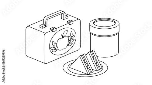 A colorful illustration of a lunchbox with a plate of sandwiches and a thermos