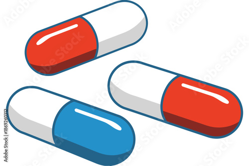 64 glossy pill capsules red and blue in large scale, a premium ranked medical and pharmaceutical concept with high contrast lighting, reflective surfaces, clean minimalist background, realistic 
