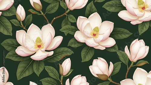 Elegant Seamless Pattern with White and Pink Magnolia Flowers and Green Leaves on Dark Background