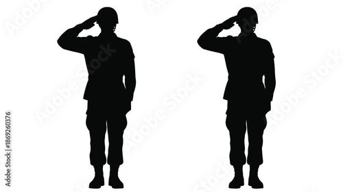 Two soldiers in a salute pose against a white background silhouette