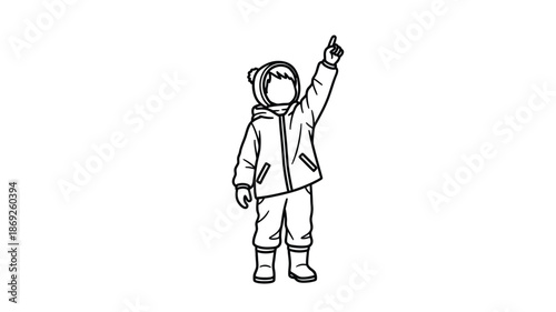 A child in winter clothes pointing upwards a striking silhouette