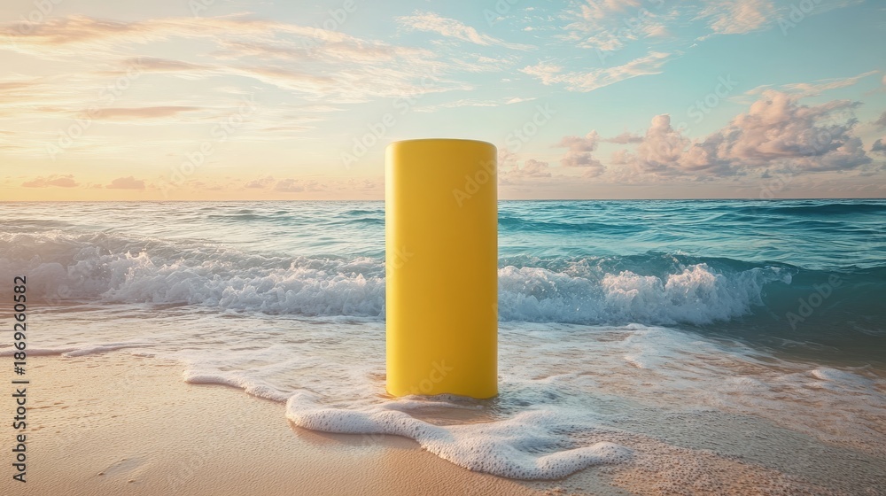 Fototapeta premium Elegant cylindrical yellow product pedestal rising from tropical shoreline, gentle waves washing nearby, pastel sunset colors reflecting on water surface, strategically placed beach accessories
