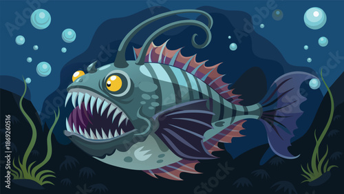 An illustration of a fish with large, sharp teeth, showcasing its fierce appearance and aquatic features